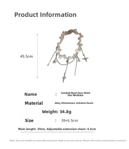 Détail du collier étoile avec perles irrégulières et spécifications de la chaîne en alliage