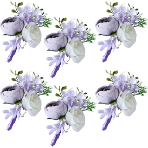 Six-piece set of purple and white rose boutonnieres for weddings and formal events
