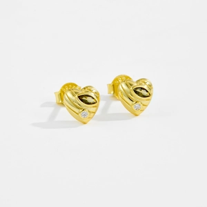 Golden S925 sterling silver heart stud earrings with green zircon and wave texture