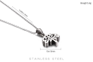 Detail of silver tree of life pendant with weight, size, and stainless steel specs