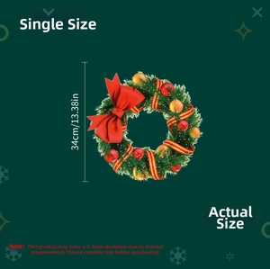 Detailed view of 34cm Christmas wreath with red bow and stripe ribbons dimensions