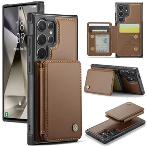 Brown leather magnetic wallet case for Samsung S24 Ultra with detachable card slots