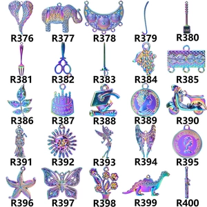 Macro display of assorted rainbow-colored stainless steel charms from R376 to R400
