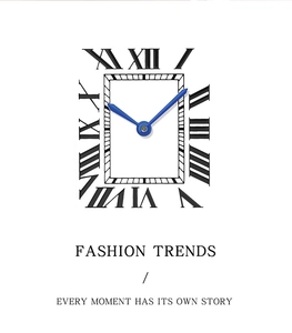 Detail of rectangular watch dial featuring blue hands and classic Roman numerals