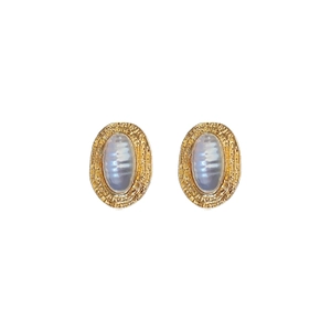 French vintage gold oval metal earrings with pearl inlay for women