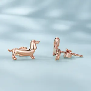 Polished S925 sterling silver dachshund puppy stud earrings in rose gold finish