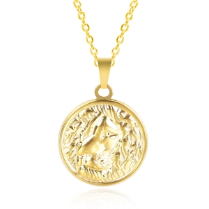 Detailed close-up of golden lion head relief pendant on a metallic necklace chain