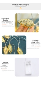 Detailed view of LED pine cone string lights with golden texture and transparent battery box