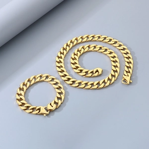 Minimalist 15mm gold-toned flat Cuban chain necklace and bracelet jewelry set for men