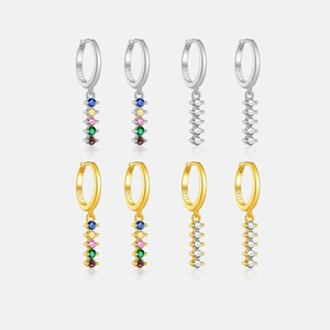 925 Sterling Silver Hoop Dangle Earrings With Vertical Cubic Zirconia Colorful Rainbow White Elegant Fashion For Women