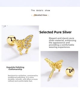 Macro view of gold S925 silver butterfly earrings with CZ stones and screw back closure