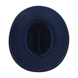 Top view of dark blue wide-brim fedora showing interior sweatband and brim stitching detail