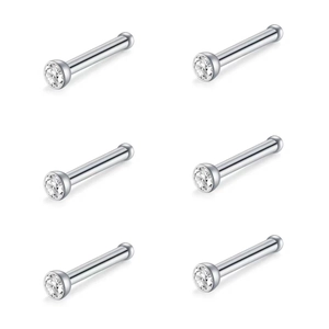 Set of six silver surgical steel nose studs featuring round clear sparkling zircons
