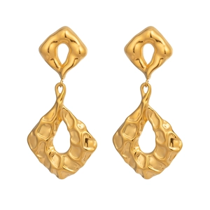 Waterproof gold stainless steel earrings with geometric hammered texture design
