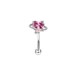 Exquisite stainless steel eyebrow ring with pink heart-shaped zircon and silver finish