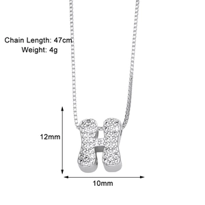 Detailed view of silver letter H pendant with zircon inlay and chain size dimensions