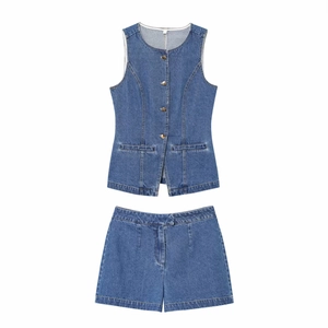 Vêtements de Mode pour Femmes Décontractés en Polyester Style Denim sans Manches Boutonnage Simple Top And Bottom Tenue d'Été