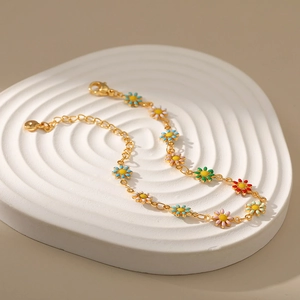 Colorful daisy pendant bracelet with 18K gold plated chain and enamel floral charms