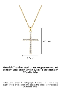 Detailed view of gold cross pendant with dimensions and stainless steel chain length