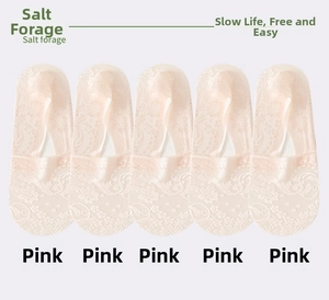 Detail of five pairs of pink floral lace no-show socks with reinforced heels