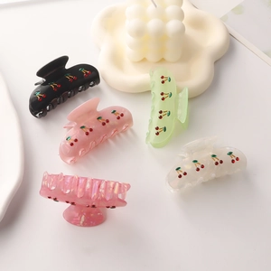 Five-piece set of sweet cherry pattern hair claws in diverse pastel colors and black
