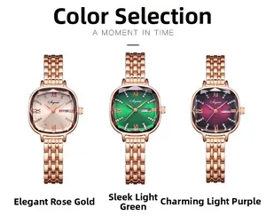 Vue détaillée de montres à quartz carrées avec calendrier en or rose, vert et violet