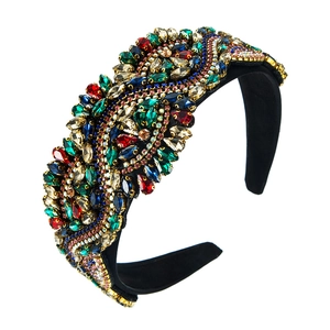 Luxury baroque padded headband with colorful crystals and rhinestones on black velvet