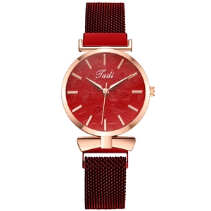 Women's quartz watch with burgundy leaf-pattern dial and magnetic Milanese strap