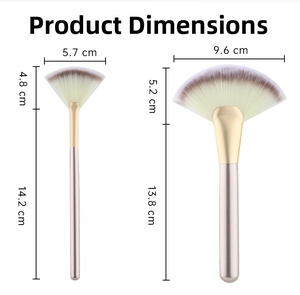 Detailed size chart for two fan-shaped highlighter brushes with champagne gold handles