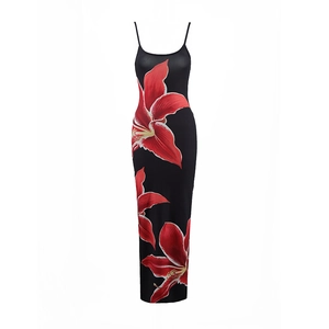 Detailed view of red lily floral print on black slim fit summer long dress