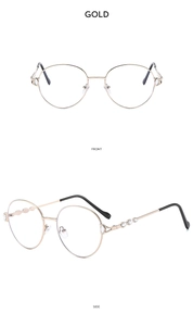 Detailed front and side views of golden metal round frame sunglasses with crystal accents