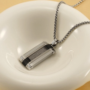 Hip hop style silver stainless steel rectangle pendant necklace with black rope detail