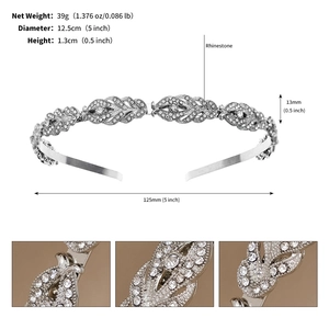 Detailed dimensions and weight of this silver rhinestone headband showing craft details