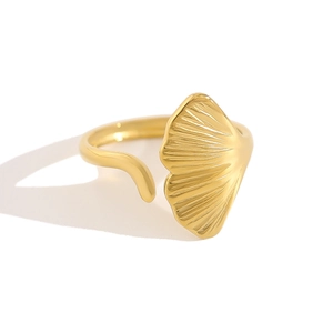 Adjustable 18k gold plated mermaid tail ring with polished ginkgo leaf design