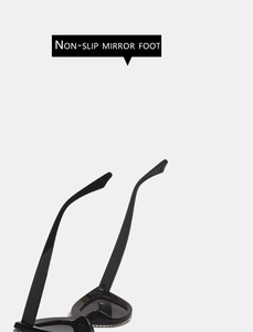 Detailed close-up of non-slip mirror foot design on black cat-eye sunglasses frames