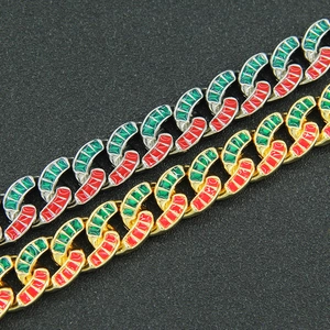 Hip hop Cuban link necklaces in gold and silver with red and green enamel patterns