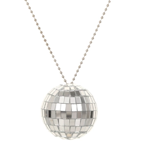 Macro view of disco ball pendant necklace featuring reflective mirror facets and bead chain