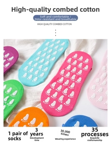 Detail of multi-colored non-slip socks with white silicone grips on combed cotton fabric
