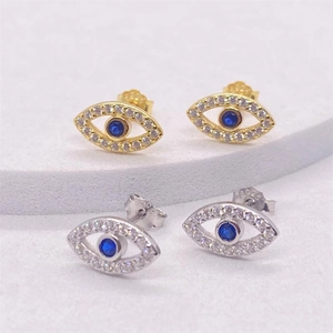 Evil Eye Stud Earrings With 925 Sterling Silver Earring Post Cubic Zirconia Blue Center Stone Trendy Jewelry Women Gift