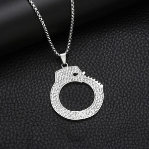 Handcuff Pendant Necklace With Rhinestone Alloy Pendant And Stainless Steel Box Chain Hip Hop Style For Men