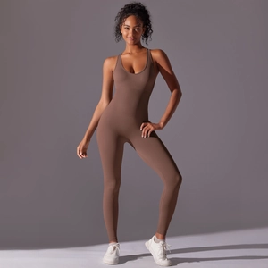 Detailed view of the racerback design and elastic fabric on a seamless yoga bodysuit
