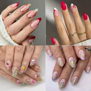 Almond Press On Nails Floral French Style ABS Plastic Artificial False Nails For Women With Jelly Glue Nail File