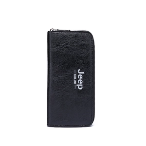 Detail shot of black long zip wallet featuring smooth leather texture and metal zipper