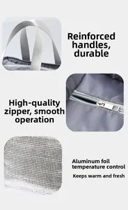 Detail of reinforced handle, metal zipper and thick aluminum foil lining of gray lunch bag