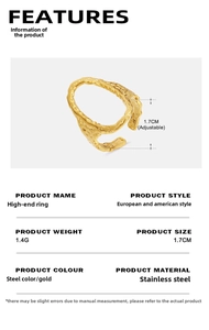 Detail of adjustable gold stainless steel ring with hammered texture, 1.7cm diameter