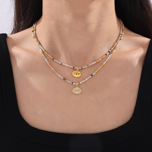 Double-layered 18k gold plated shell pendant necklace with blue beaded stone chain