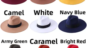 Grid display of wide brim wool fedora hats in camel, navy, green and red colors