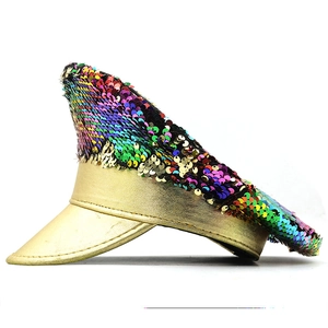 Luxury iridescent sequin military hat with golden peak for festival parties