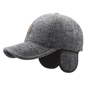 Grey herringbone winter baseball cap for men with fold-down ear flaps and warm lining