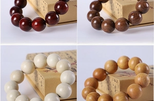 Detailed close-up showing texture of 20mm polished sandalwood and bodhi wood beads